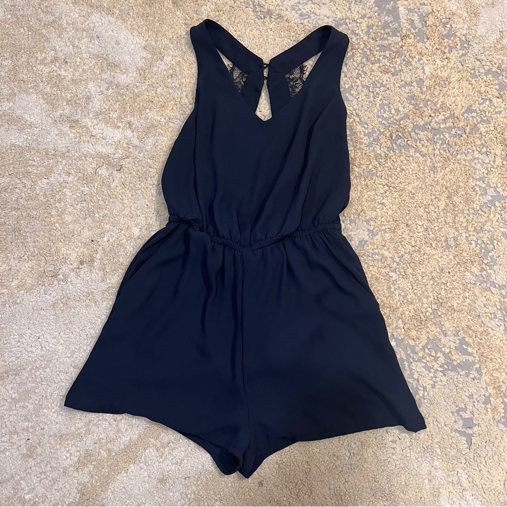 H&M Divided Sleeveless Romper.  Navy Blue Open Back w/Lace Size Small